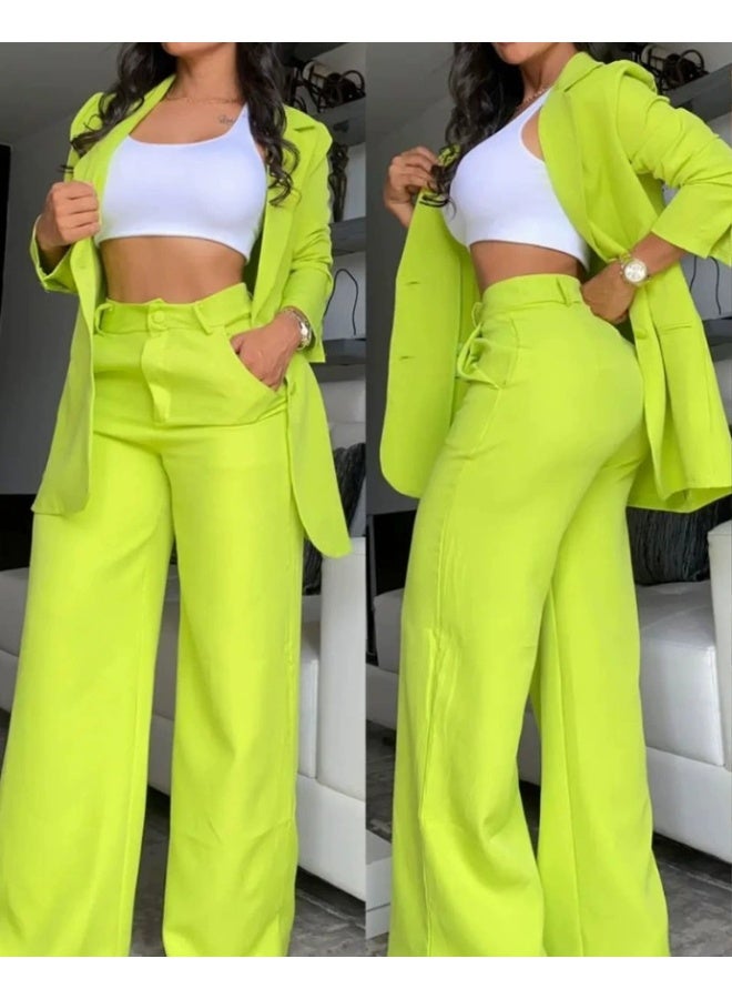 general 2026 Women's Elegant Pure Color Frayed Sleeve Collar Suit with Straight Pants Set - Image 1