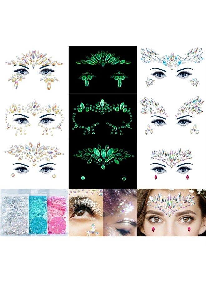 DECOYARDOO Face Gems-6Sheets Face Jewels Stick On Rhinestones Stickers+30g Chunky Glitter, Gemstones Temporary Tattoo Gifts for Women, Festival Rave Outfit Euphoria Accessories (3Luminous) - Image 1