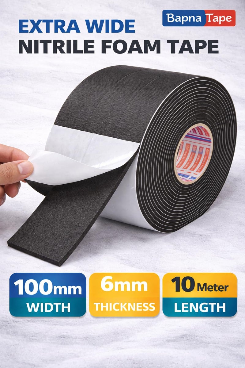 Bapna Nitrile Neoprene Foam Insulation Tape Self-Adhesive Cushioning Weather Seal Strip Noise Dampening Gap Filler Door Window HVAC Refrigeration Automotive Black 100 mm x 6 mm x 10 m - Image 3
