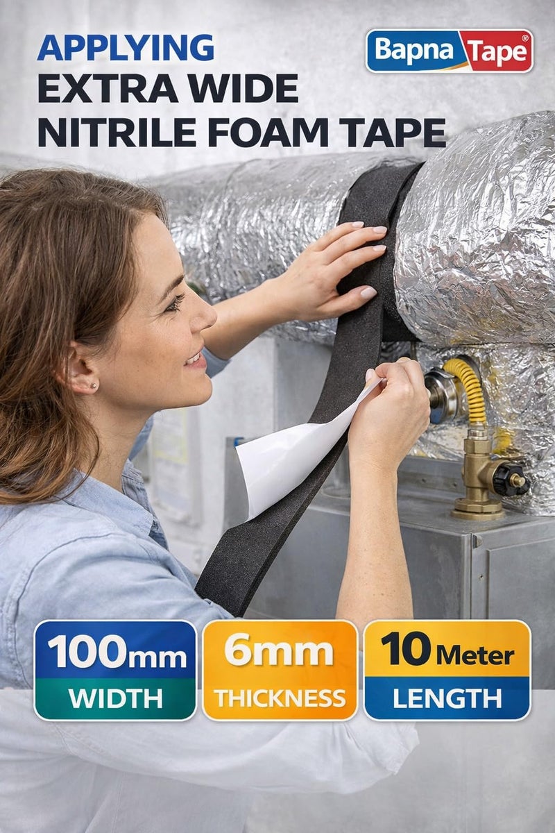 Bapna Nitrile Neoprene Foam Insulation Tape Self-Adhesive Cushioning Weather Seal Strip Noise Dampening Gap Filler Door Window HVAC Refrigeration Automotive Black 100 mm x 6 mm x 10 m - Image 2