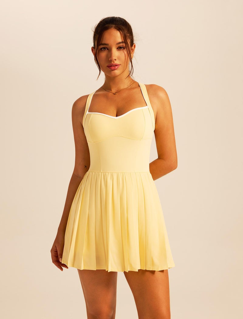 ABOCIW Athletic Dress for Women Pleated Tennis Dress with Built in Bra and Shorts Workout Exercise Sports Active Golf Dresses with Pocket Yellow Small - Image 3