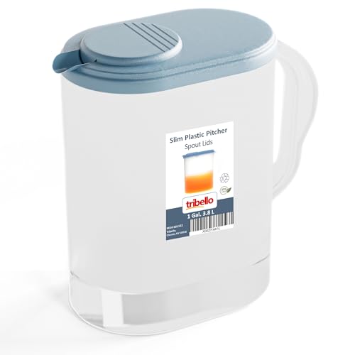 Tribello Pitcher with Lid 1 Gallon, Slim Clear Plastic Water Pitcher with Pivot-top Spout Lids, Iced Tea Pitcher for Fridge, Freezer/Dishwasher Safe, and BPA/Phthalate Free - Image 1