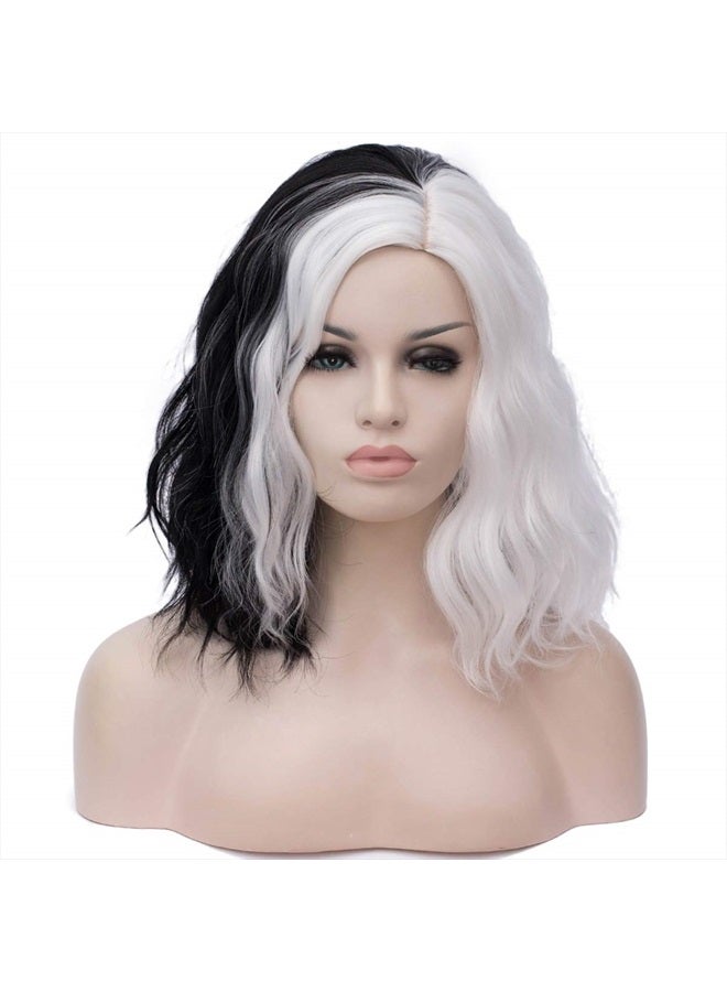 Mildiso Black and White Wigs for Women Short Curly Wavy Bob Hair Wig with Wig Caps Cute Colorful Synthetic Wig Perfect for Daily Party M058C - Image 1