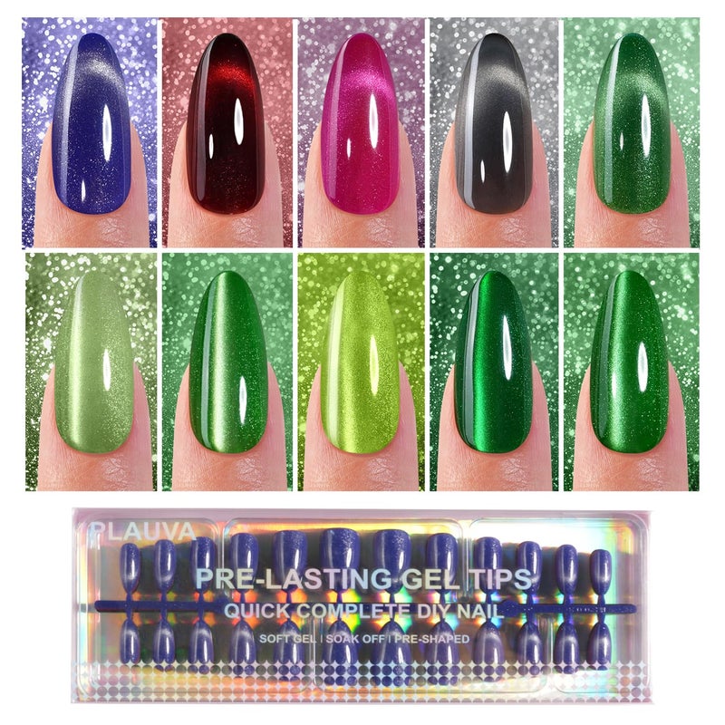 Plauva Cat Eye Press on Nails Medium Almond, 240Pcs Soft Gel Fake Nails, Glossy Glitter Cat Eye Nail Tips for Women and Girls Stick On Nails in 12 Sizes - Image 1