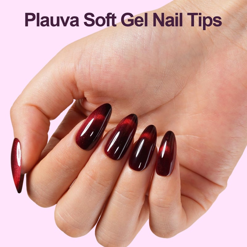 Plauva Cat Eye Press on Nails Medium Almond, 240Pcs Soft Gel Fake Nails, Glossy Glitter Cat Eye Nail Tips for Women and Girls Stick On Nails in 12 Sizes - Image 2