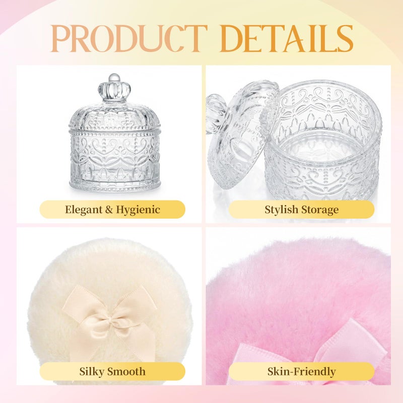 HXRYAGi Large Body Powder Puff and Container Glass Jar Dusting Powder Container with Puff Soft Reusable Velour Face Body Wet Dry Makeup - Image 3