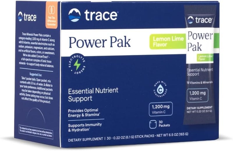 Trace Minerals Power Pak  Daily Health Support Supplement with Vitamins  Minerals  Power Packet Aids Immune Health  Hydration  Mix Powder Supports Bodily Functions  Lemon Lime 30 Servings - Image 1