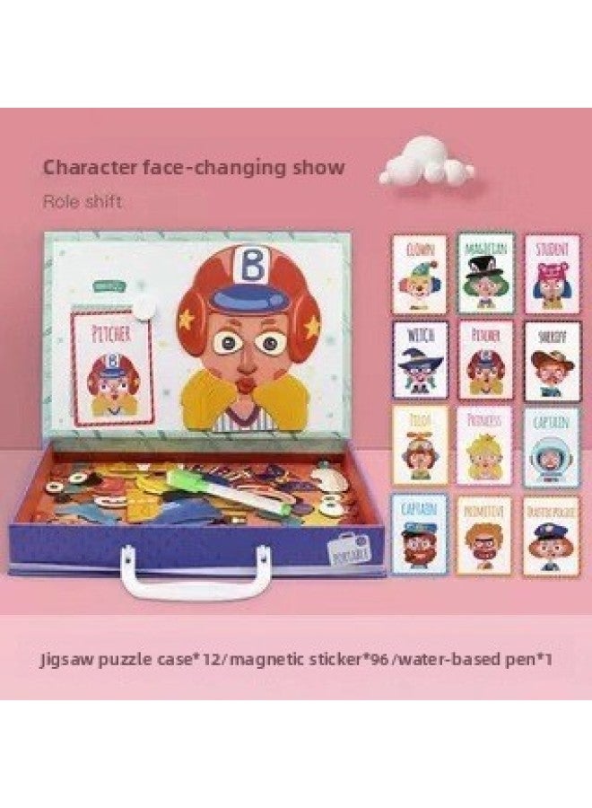 Wooden Puzzle Stickers Magnetic Collage Fun Double-sided Jigsaw Puzzle Interactive Early Education Intellectual Toy Game-Color:ZKB-Puzzle Figure Face-changing Show [Portable]]  - Image 1