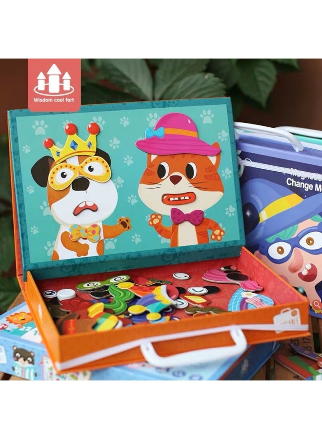 Wooden Puzzle Stickers Magnetic Collage Fun Double-sided Jigsaw Puzzle Interactive Early Education Intellectual Toy Game-Color:ZKB-Puzzle Figure Face-changing Show [Portable]]  - Image 4