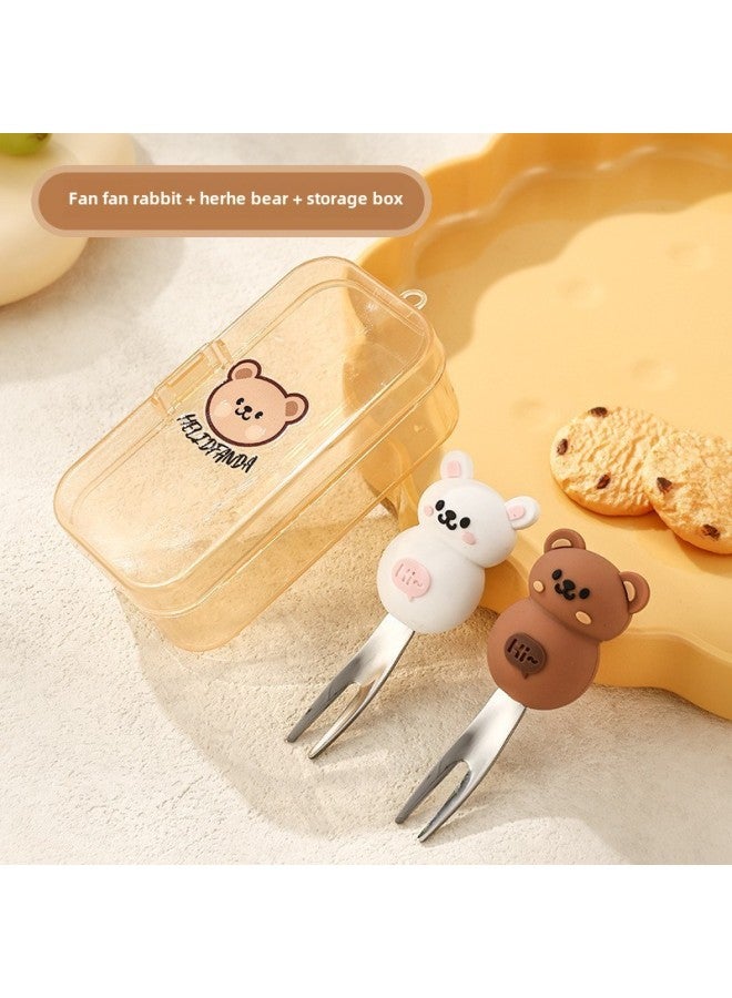 Children's Creative Fork Spoon 304 Stainless Steel Short Handle Cartoon Tableware Household Baby Dining Portable Tableware Suit-Specifications:No Specifications-Color:Fan Fan Rabbit Hehe Bear Fruit Fork Storage Box - Image 1