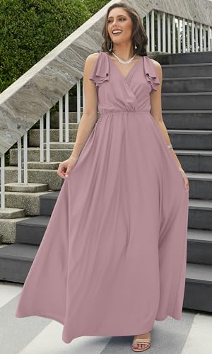 KOH KOH Plus Size Womens Long Sleeveless Flowy Prom Evening Wedding Party Guest Bridesmaid Bridal Formal Cocktail Summer Floor-Length Gown Gowns Maxi Dress Dresses, Dusty Pink 3XL 22-24 - Image 3