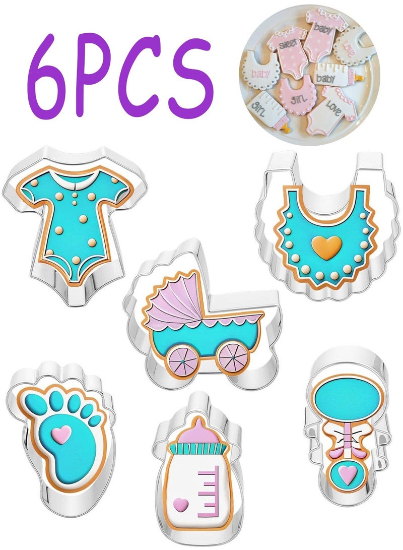 6Pcs Stainless Steel Baby Shower Cookie Cutter Set, Rattle Bottle Bib Stroller Shapes, Fondant Biscuit Molds for Baby Birthday Party - Image 1
