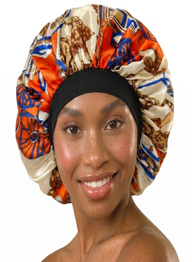 DONNA Argan & Black Castor Treatment Oils Deluxe Pattern Day & Night Cap, Satin Bonnet for Women, Large Size, Carriage Pattern RED Color - Image 1