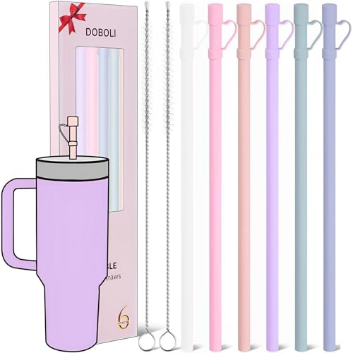 Doboli Reusable Replacement 12 inch Long Silicone Straw With Cover, Stocking Stuffers Gifts for Women Men Teens Girls Boys, Compatible with Stanley Tumbler Cup Accessorie 40 oz 30 oz (6 Pack) - Image 1