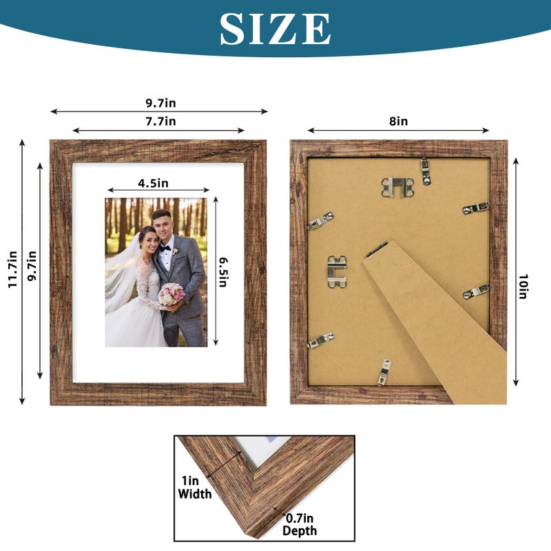 Hongkee 8x10 Picture Frame Set of 2  Made of Real Glass and Rustic Brown Wooden Frame - Display Picture 5x7 with Mat or 8x10 Without Mat  8 by 10 Photo for Wall or Tabletop - Image 3