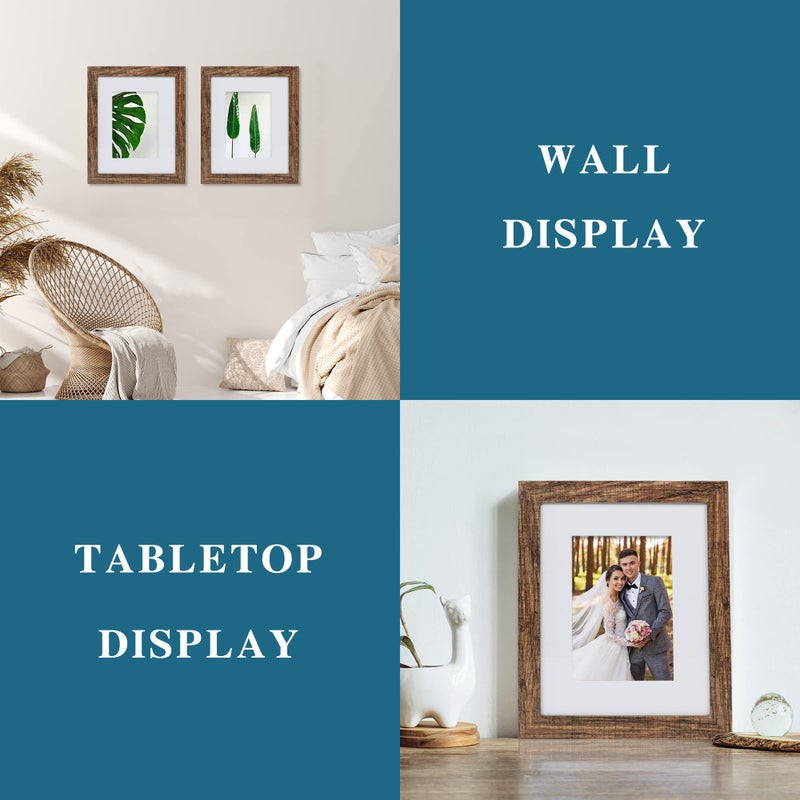 Hongkee 8x10 Picture Frame Set of 2  Made of Real Glass and Rustic Brown Wooden Frame - Display Picture 5x7 with Mat or 8x10 Without Mat  8 by 10 Photo for Wall or Tabletop - Image 4