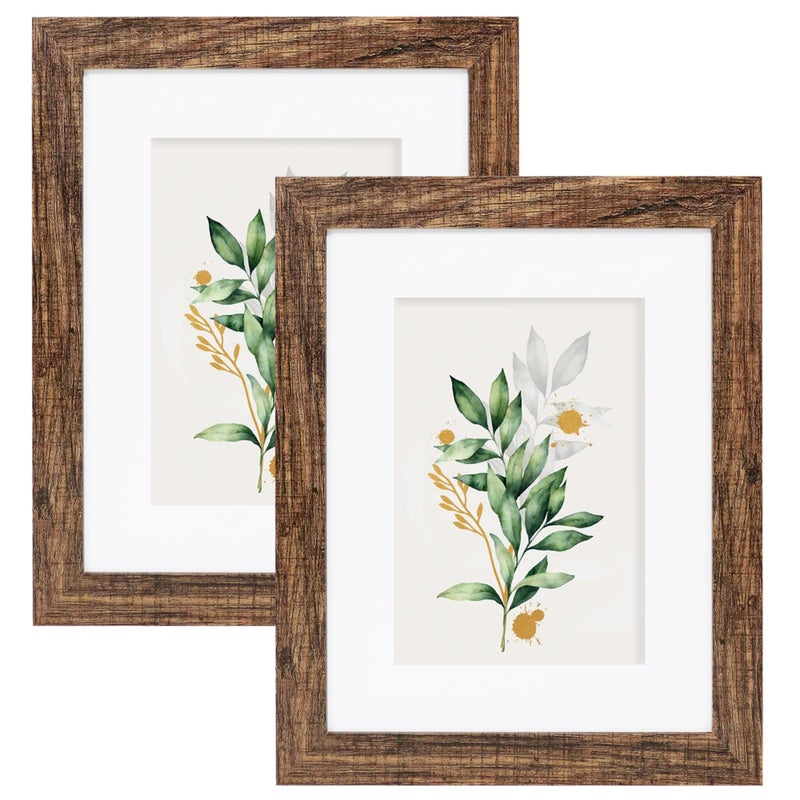 Hongkee 8x10 Picture Frame Set of 2  Made of Real Glass and Rustic Brown Wooden Frame - Display Picture 5x7 with Mat or 8x10 Without Mat  8 by 10 Photo for Wall or Tabletop - Image 1