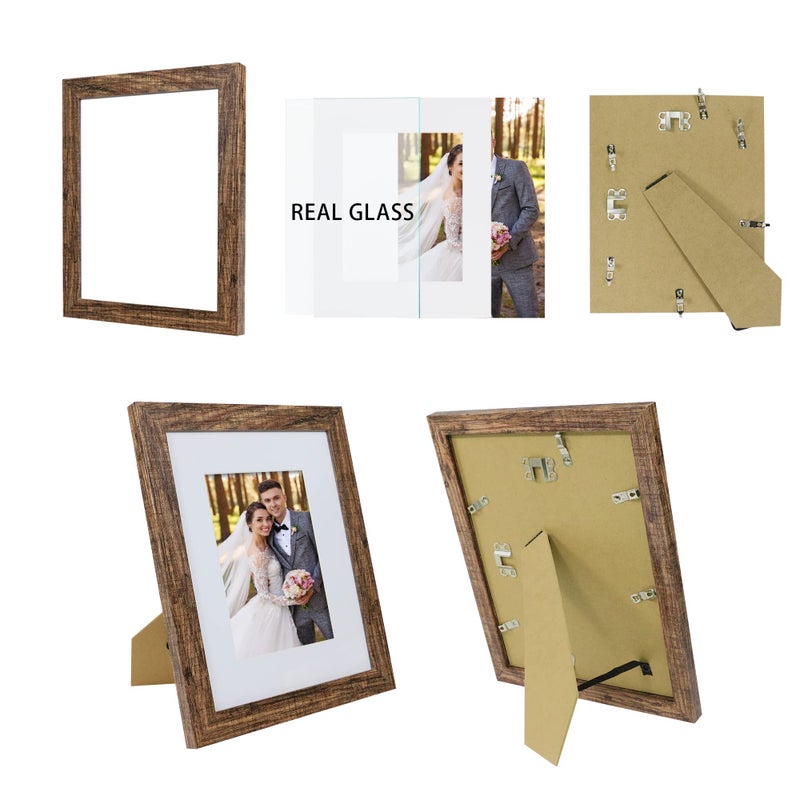 Hongkee 8x10 Picture Frame Set of 2  Made of Real Glass and Rustic Brown Wooden Frame - Display Picture 5x7 with Mat or 8x10 Without Mat  8 by 10 Photo for Wall or Tabletop - Image 2
