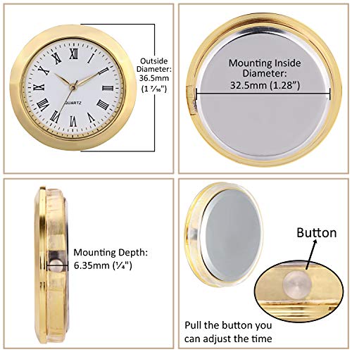 ShoppeWatch Mini Clock Insert 1 7/16" (35mm) Quartz Movement | Miniature Clock Face Insert | Small Round Fit Up White Dial Gold Tone Bezel Roman Numerals CK096GD - Image 2