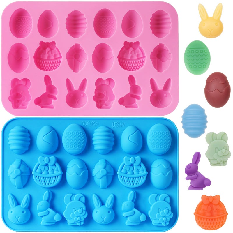KINYFY 2 Pack Easter Silicone Molds, 3D Rabbit Egg Basket Silicone Mold, Easter Chocolate Molds for DIY Gummies Jello Ice Cube Jelly Chocolate Candy Cakes Decorations - Image 1