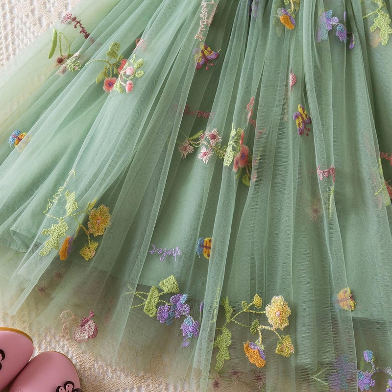 Nileafes Baby Girl Casual Tutu Dress Strap Tulle Flower Butterflies Embroidery Princess Dresses Size 120 (4-5 Years, 107-Green) - Image 3