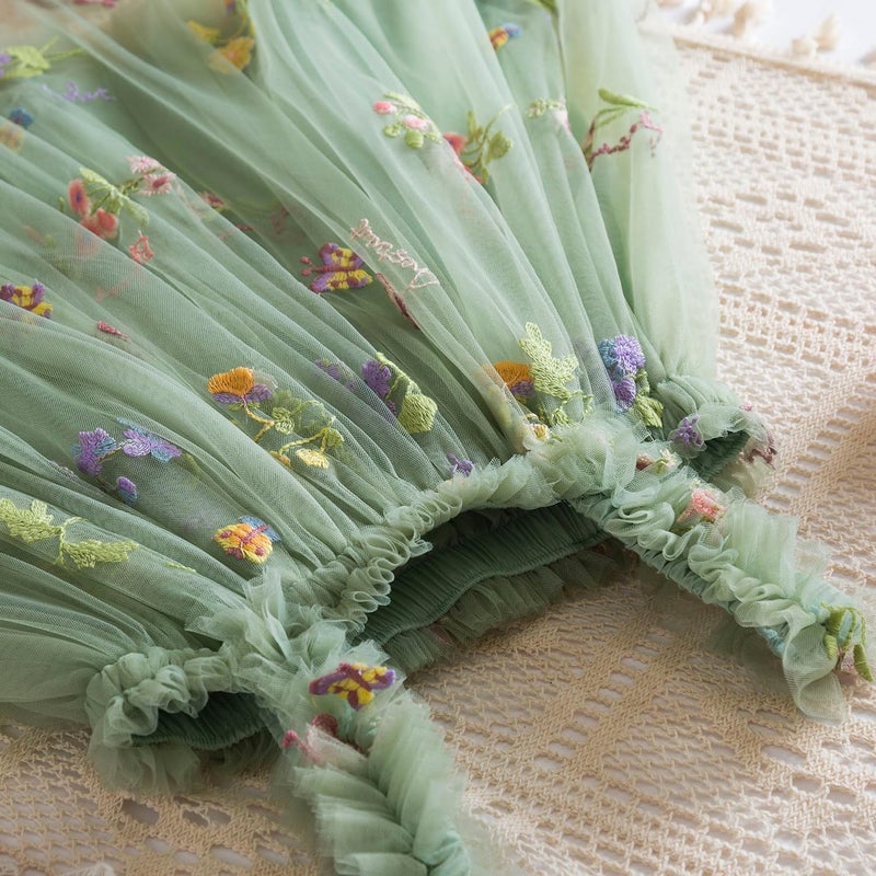 Nileafes Baby Girl Casual Tutu Dress Strap Tulle Flower Butterflies Embroidery Princess Dresses Size 120 (4-5 Years, 107-Green) - Image 4