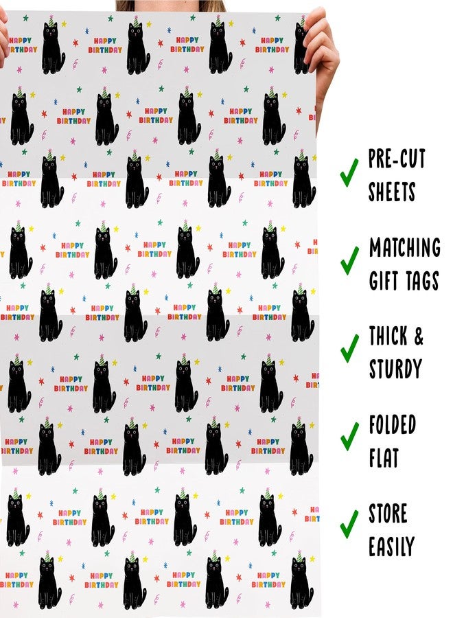 CENTRAL 23 Cat Birthday Wrapping Paper - 6 Sheets Of Gift Wrap - Black Cats - Happy Birthday Text - White Gift Wrapping Paper For Men Women - Recyclable - Image 5