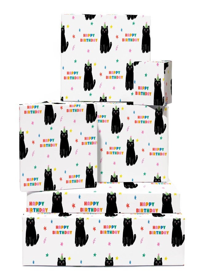CENTRAL 23 Cat Birthday Wrapping Paper - 6 Sheets Of Gift Wrap - Black Cats - Happy Birthday Text - White Gift Wrapping Paper For Men Women - Recyclable - Image 1