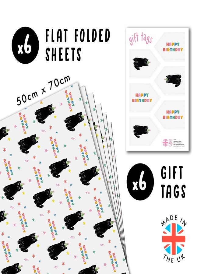 CENTRAL 23 Cat Birthday Wrapping Paper - 6 Sheets Of Gift Wrap - Black Cats - Happy Birthday Text - White Gift Wrapping Paper For Men Women - Recyclable - Image 2