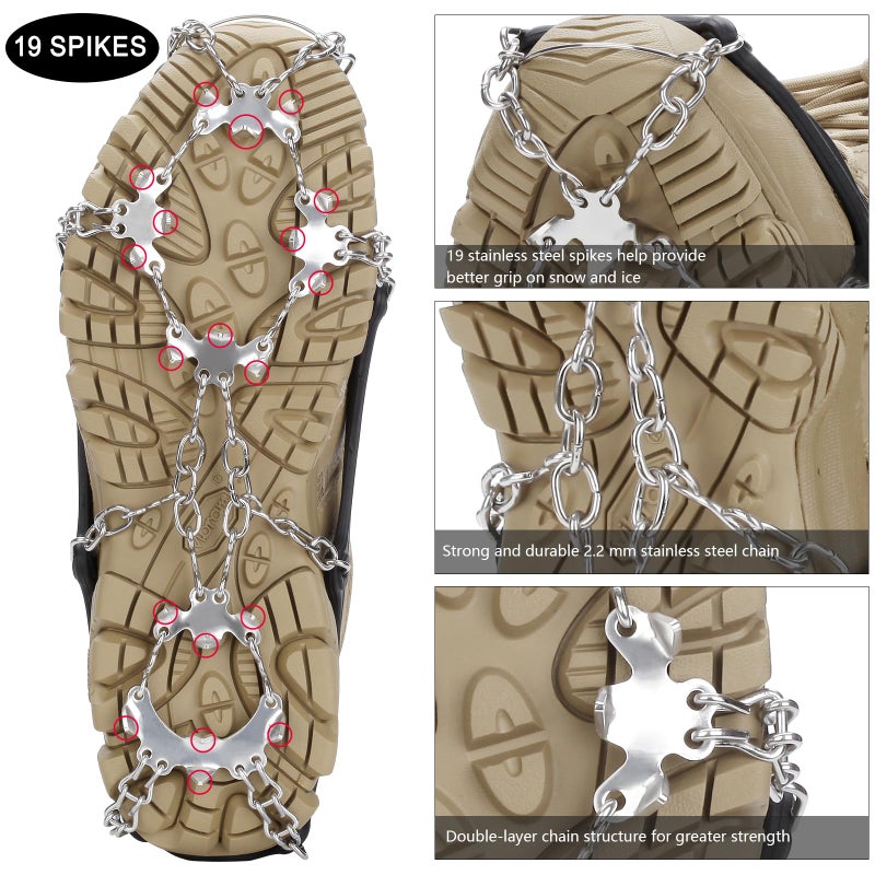 Uelfbaby Crampons 19 Spikes with Stainless Steel Chain Ice Snow Grips Traction Cleats System Safe Protect for Walking, Jogging, Climbing, Hiking on Snow and Ice, Boots Chains for Women Men (Black, Medium) - Image 4