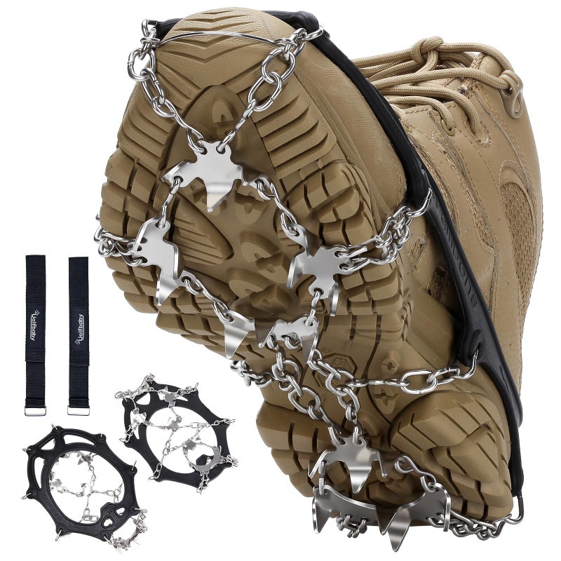 Uelfbaby Crampons 19 Spikes with Stainless Steel Chain Ice Snow Grips Traction Cleats System Safe Protect for Walking, Jogging, Climbing, Hiking on Snow and Ice, Boots Chains for Women Men (Black, Medium) - Image 1
