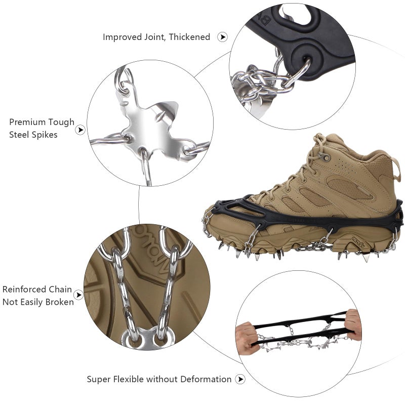 Uelfbaby Crampons 19 Spikes with Stainless Steel Chain Ice Snow Grips Traction Cleats System Safe Protect for Walking, Jogging, Climbing, Hiking on Snow and Ice, Boots Chains for Women Men (Black, Medium) - Image 3