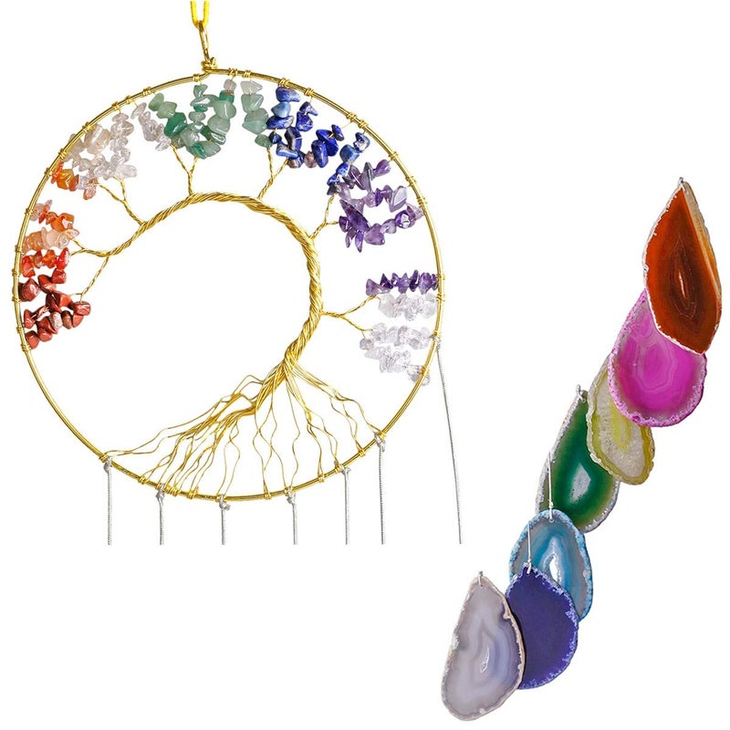 rockcloud Healing Crystals Tree of Life Wall Hanger Agate Slices Meditation Hanging Ornament Window Ornament Home Decor  Rainbow - Image 4