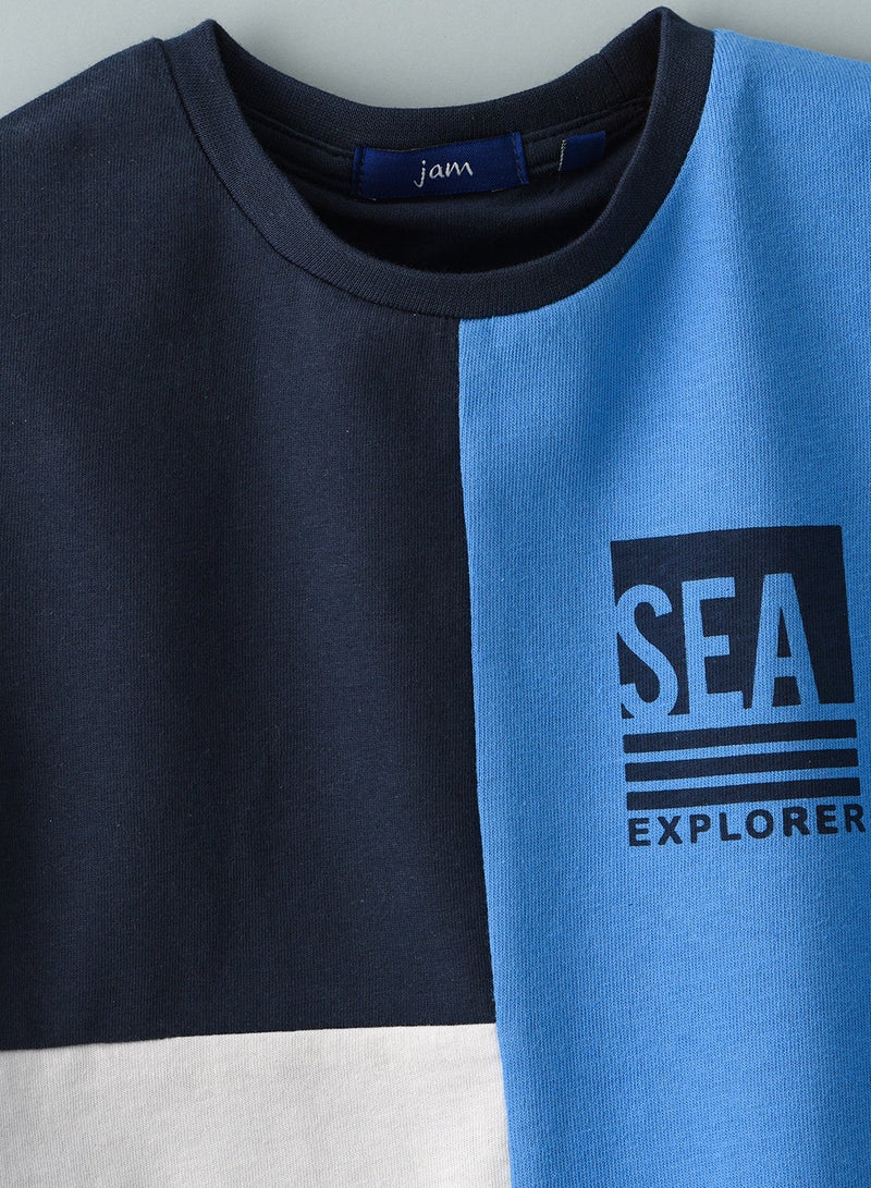 JAM Round neck s/slv knit t-shirt with 3 color panels - Image 3