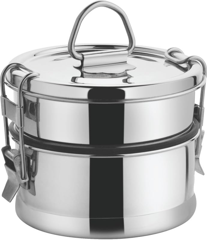 JVL Leak-Proof Stainless Steel Double Decker Lunch Box 600ml with Bag 2-Compartment Tiffin for Office & Kids Use Durable, Compact & Easy to Carry - Image 4