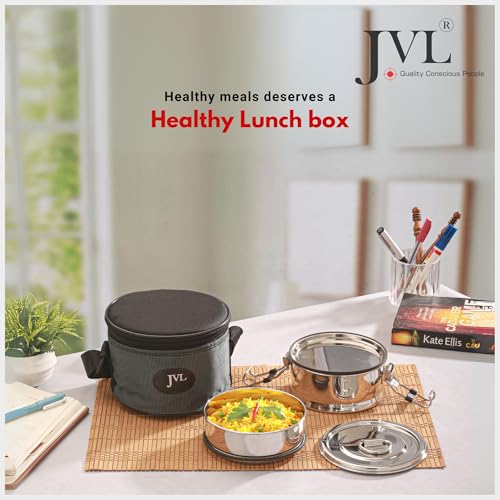 JVL Leak-Proof Stainless Steel Double Decker Lunch Box 600ml with Bag 2-Compartment Tiffin for Office & Kids Use Durable, Compact & Easy to Carry - Image 2