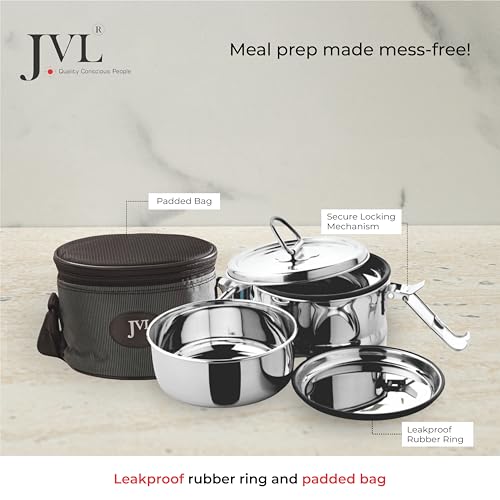JVL Leak-Proof Stainless Steel Double Decker Lunch Box 600ml with Bag 2-Compartment Tiffin for Office & Kids Use Durable, Compact & Easy to Carry - Image 5