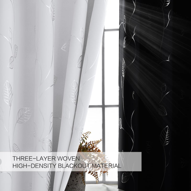 BUHUA Wave Silver Leaf Print Blackout Curtains for Living Room Darkening Curtains Light Blocking Curtains for Bedroom 38W?84L Greyish White 2 Panels - Image 3