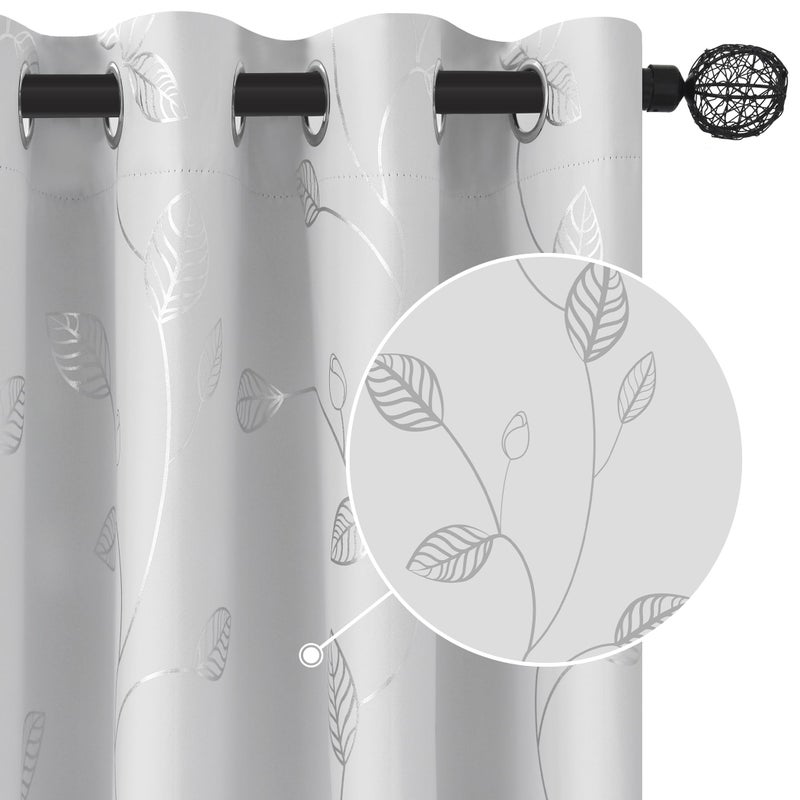BUHUA Wave Silver Leaf Print Blackout Curtains for Living Room Darkening Curtains Light Blocking Curtains for Bedroom 38W?84L Greyish White 2 Panels - Image 1