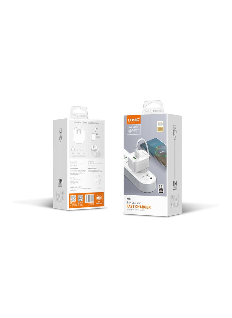 LDNIO - Ldnio A201 lightning Travel Charger with Dual USB Ports White - Image 1