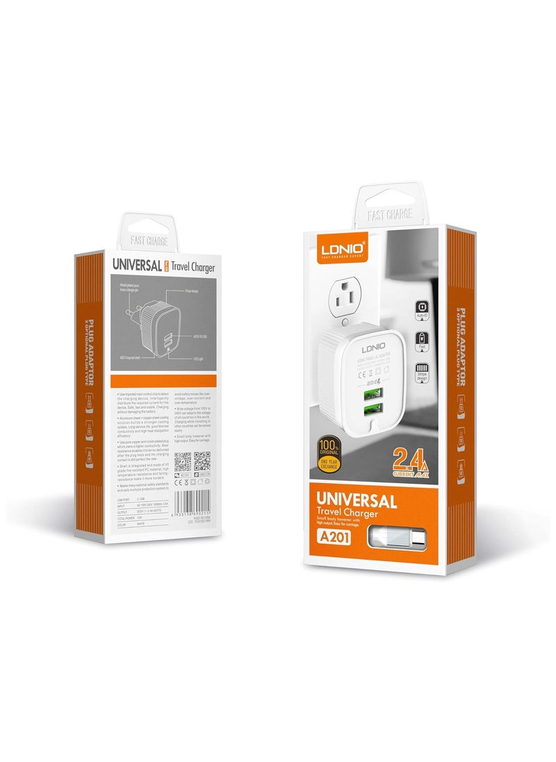LDNIO - Ldnio A201 lightning Travel Charger with Dual USB Ports White - Image 1