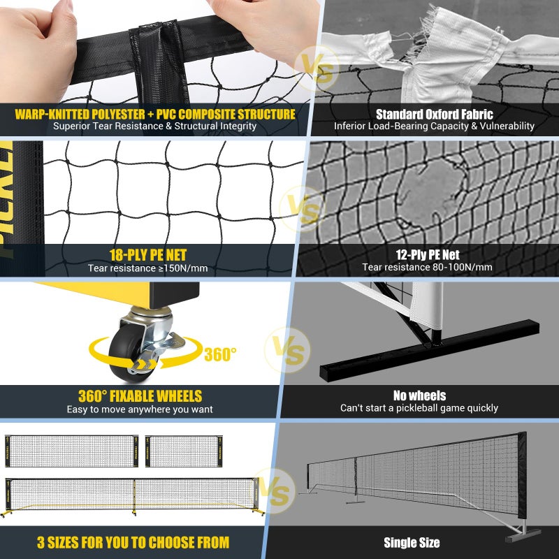 Fostoy Pickleball Set Net with Wheels, Portable 3in1 Pickle Ball Net with Carry Bag- 3 Size Options, Designed for All Weather Conditions, Steady Metal Frame & Take Down for Practice & Games (Black&Yellow) - Image 5