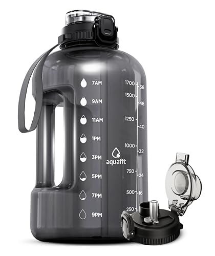 AQUAFIT Half Gallon Water Bottle with Time Marker  Straw  Chug Lid  BPA Free Gym Water Bottle with Straw  Big Gallon Jug Gray 64 oz  2in1 Lid