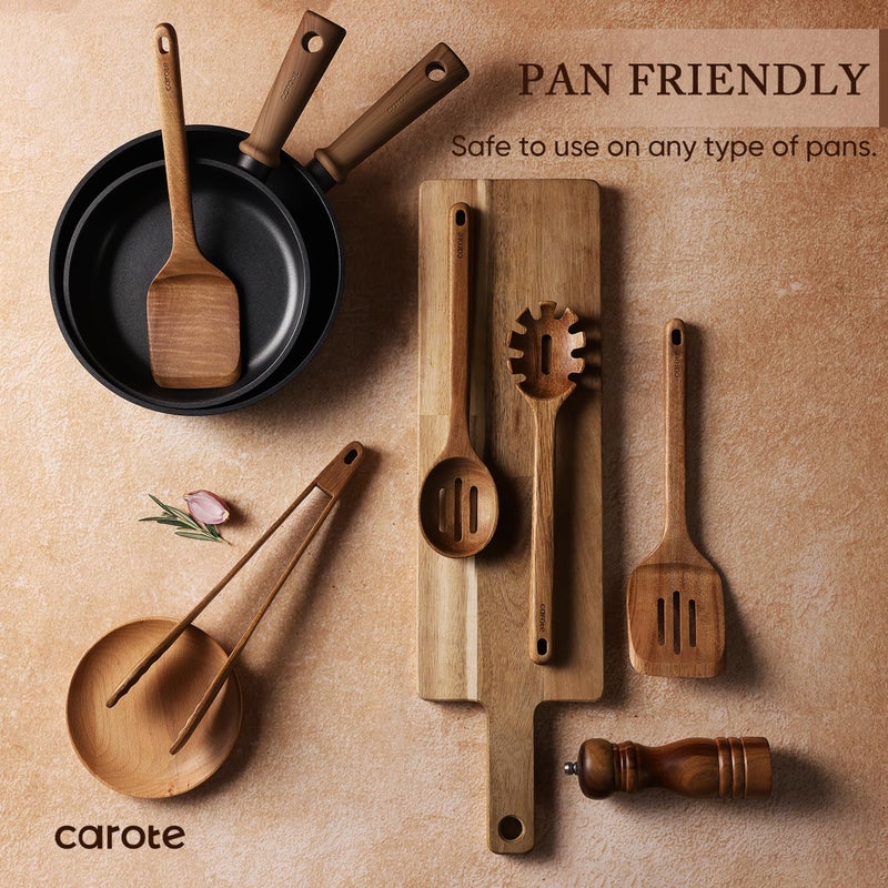 CAROTE Wooden Kitchen Utensils Set, Acacia Wood 8pcs Cooking Utensil Set for Nonstick Cookware, Long-lasting Wooden Spoons for Cooking, Spatula, Turner - Image 4