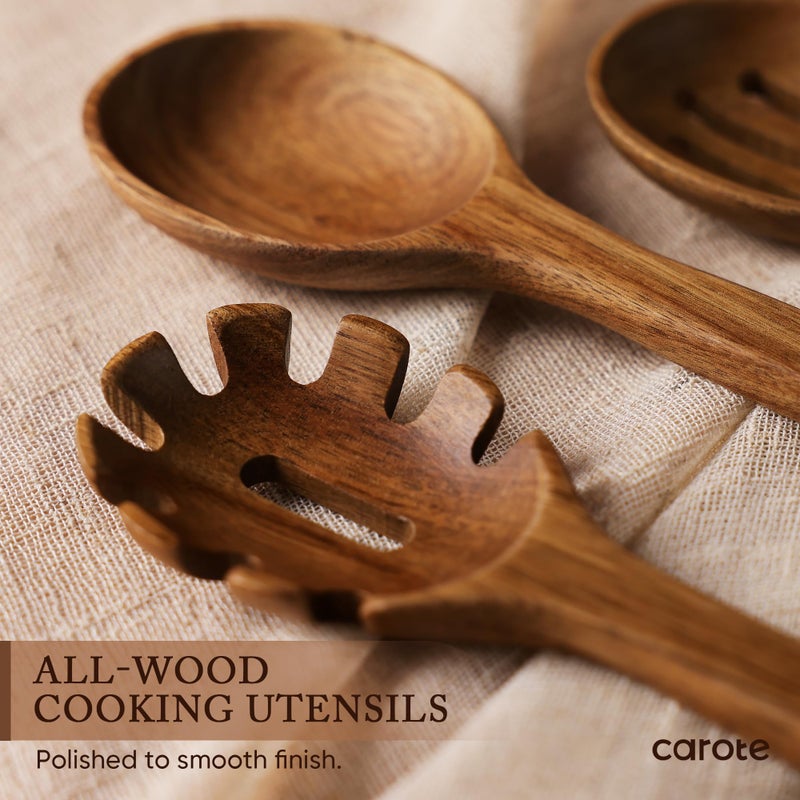 CAROTE Wooden Kitchen Utensils Set, Acacia Wood 8pcs Cooking Utensil Set for Nonstick Cookware, Long-lasting Wooden Spoons for Cooking, Spatula, Turner - Image 2