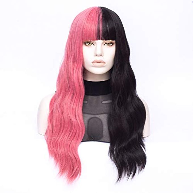 MORTICIA Long Loose Wavy Half Pink and Half Black Full Bang Wig - Image 1