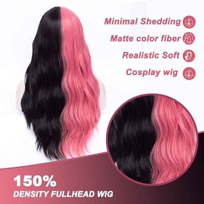 MORTICIA Long Loose Wavy Half Pink and Half Black Full Bang Wig - Image 3
