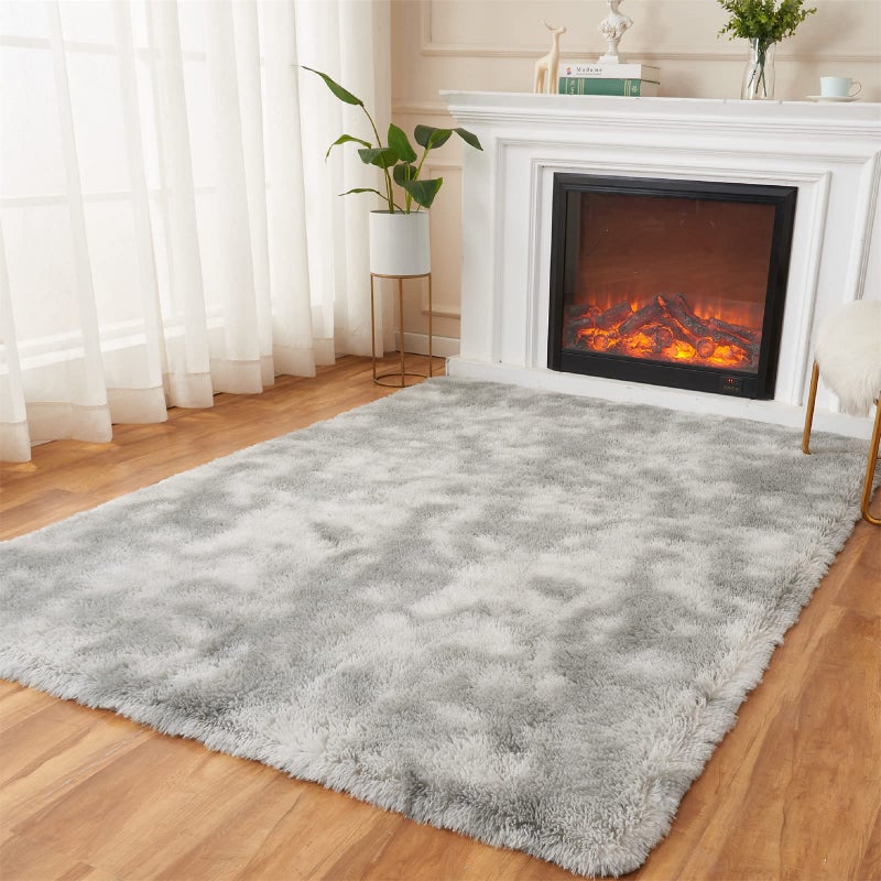 AMTOVO Shag Area Rugs for Living Room 8X10 Tie Dyed Light Grey Large Fluffy Clearance Rug Throw Bedroom Carpet Indoor Modern Fuzzy Nursery Shag Rugs for Kids and Playroom