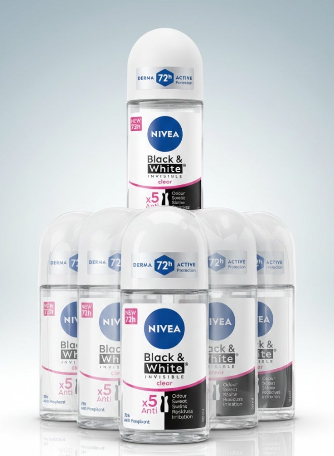 Nivea pack of 6 Black and White Invisible Antiperspirant Deodorant Roll On 50 ml long lasting protection anti sweat anti stain skin care