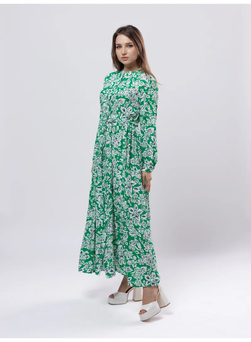 Fashonara  Cotton Green & White Long Sleeved Full Length Dress for Women | Best Price UAE